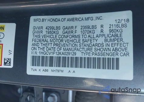 2019 Honda Accord Lx из США, поврежденный, VIN 1HGCV1F12KA029129